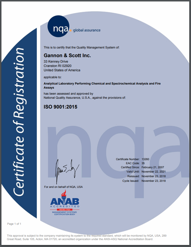 ISO chemical analysis lab certificate